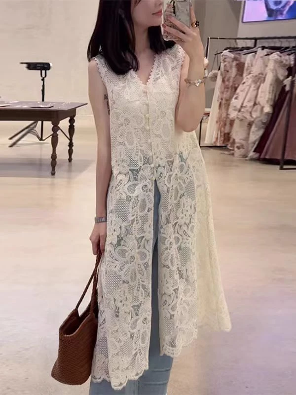 “花蕊”镂空蕾丝无袖罩衫提花连衣裙2506