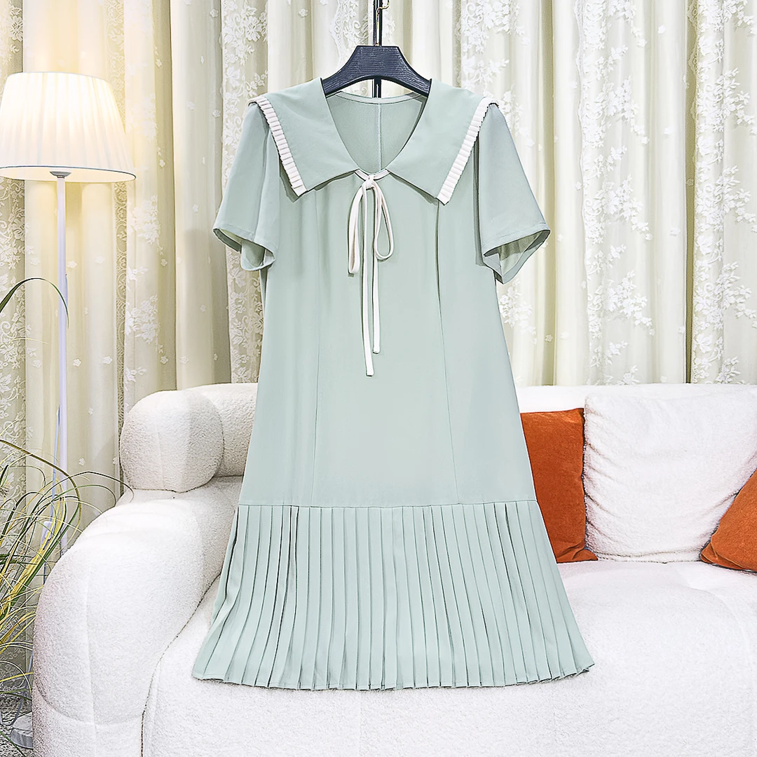 法式海军领短袖连衣裙女2025夏季胖MM高级感显瘦百褶裙子L2855