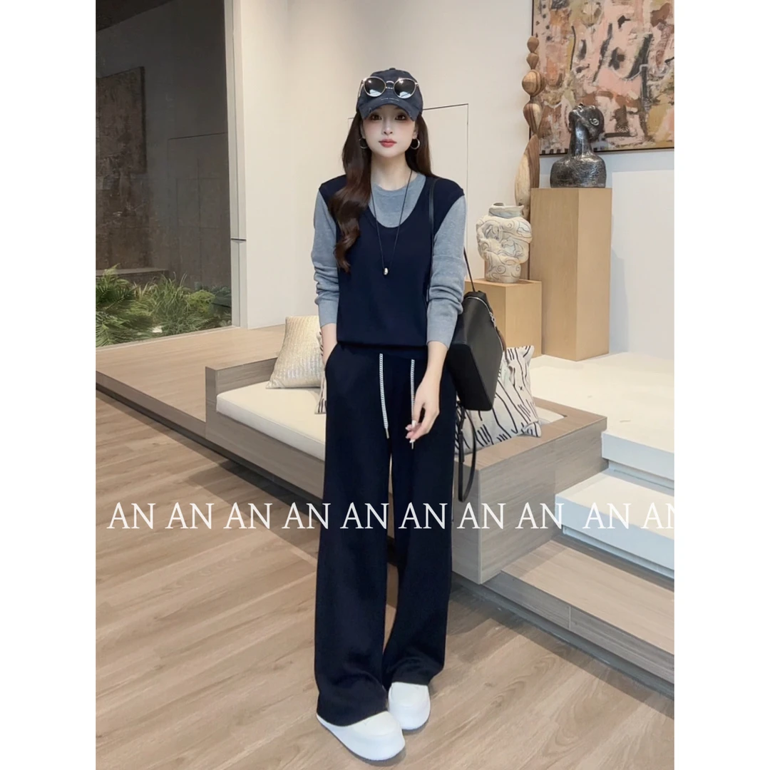 C09033新款清新减龄宽松小个子拼接马甲假两件圆领针织衫