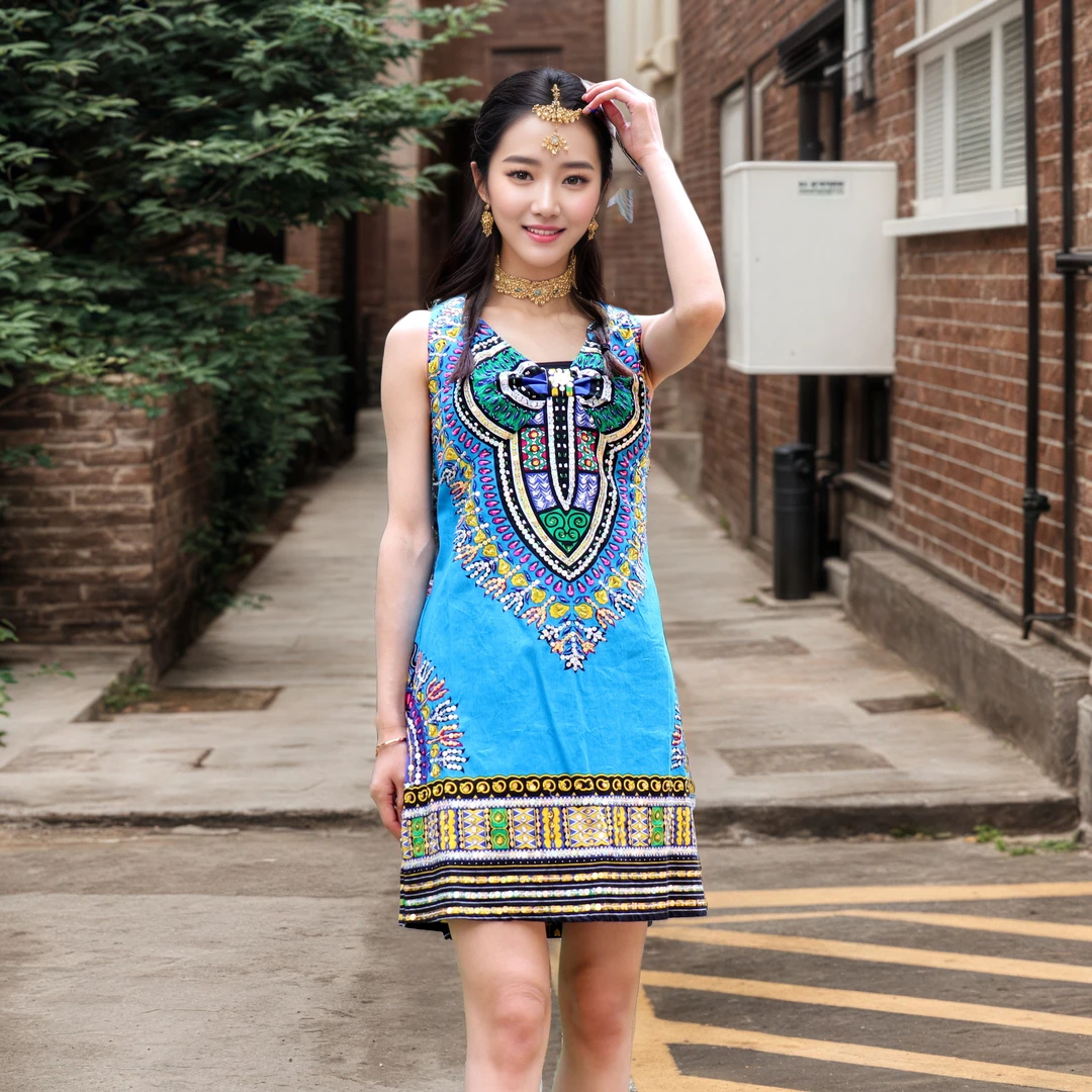 手工钉珠印花松紧腰民族风连衣裙吊带显瘦修身夏季中国风复古时尚