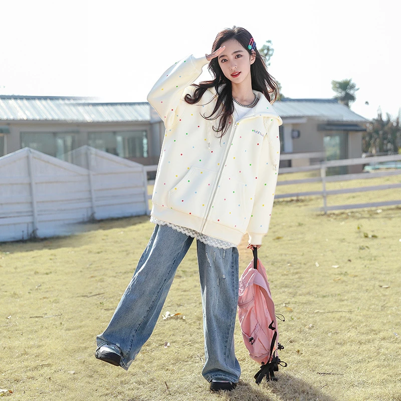 《童装品牌断码清仓直播》女大童春季彩色点点连帽外套25043