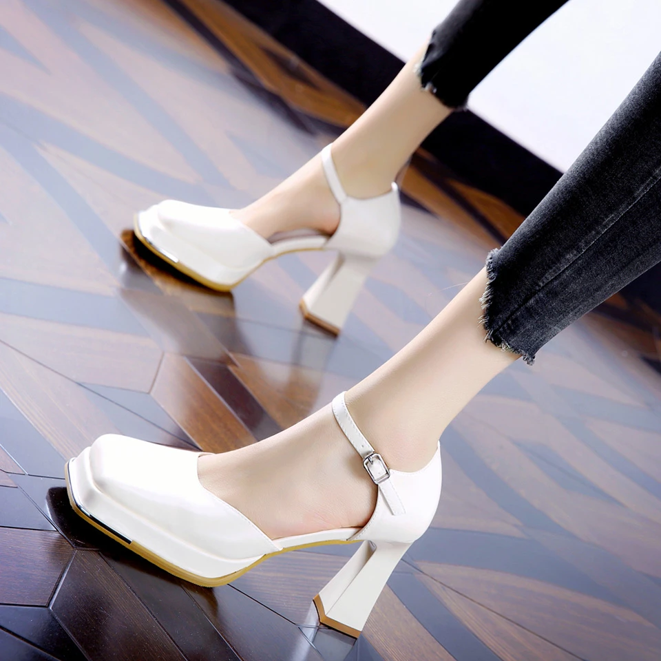 8CM[已开价]防水台方头高跟鞋2025春夏一字带粗跟单鞋女L102-299