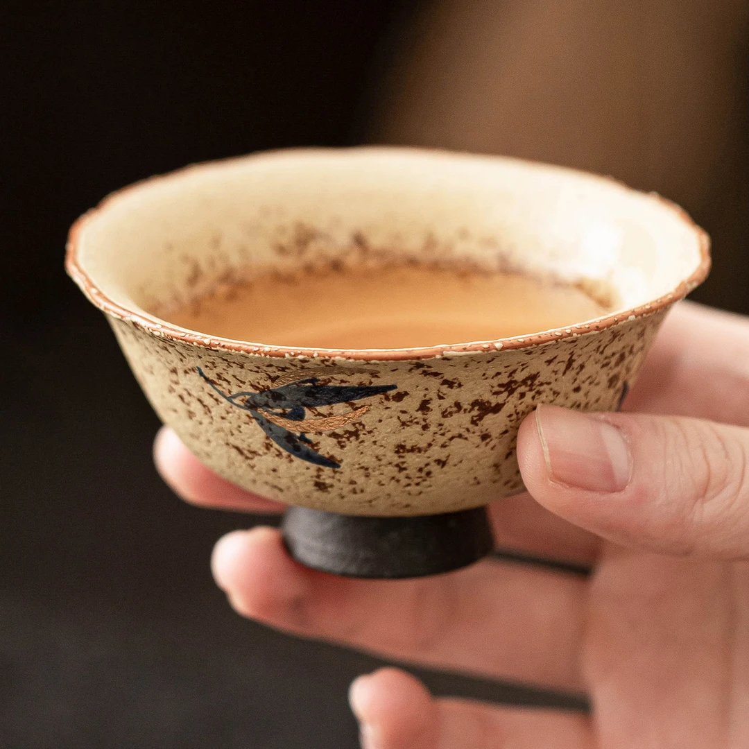 青花火石红茶杯陶瓷高足压手杯家用高端喝茶杯子个人专用品茗单杯