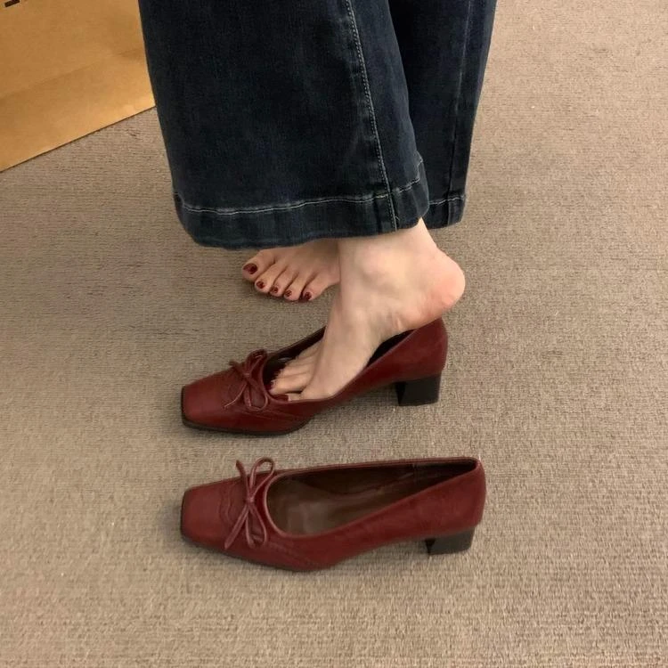 气质百搭红色高跟鞋女鞋子年春秋新款方头蝴蝶结法式中跟单鞋
