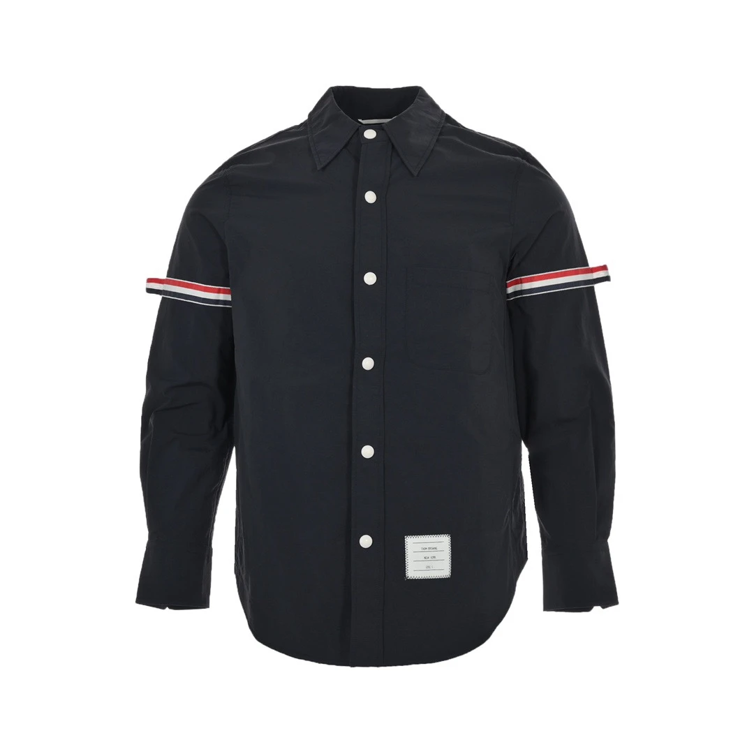 学院风休闲双袖标彩条翻领衬衫夹克外套男女情侣款外套时尚百搭