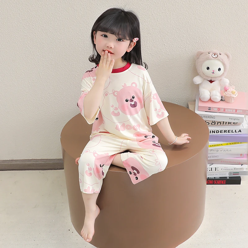 女童睡衣夏季莫代尔薄款短袖儿童家居服套装宝宝空调服两件套夏款