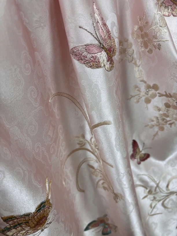 粉 金蝶良缘 织锦缎绣花 国风新中式服装面料