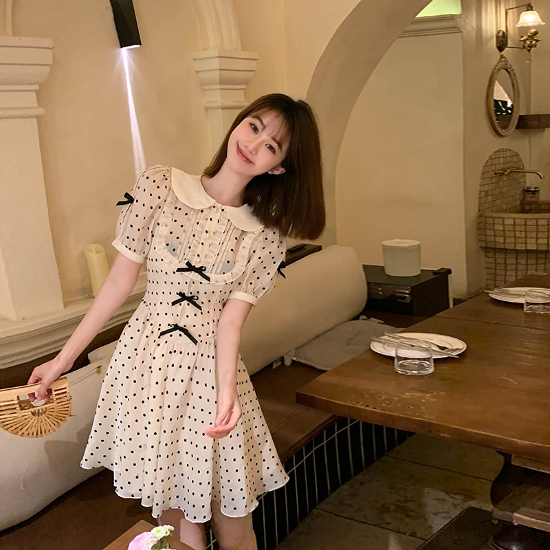 冰冰来了【甜蜜特辑】甜美泡泡袖波点连衣裙蝴蝶结娃娃领短裙26105