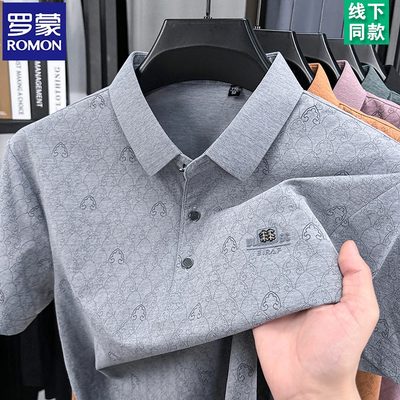 罗蒙Polo衫男士印花免烫短袖t恤2025夏季新款半袖潮流翻领上衣服