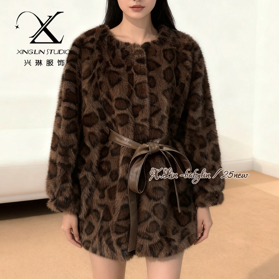 豹纹宽松貂绒加厚长款收腰贵气大衣保暖大码毛毛外套女过年战袍