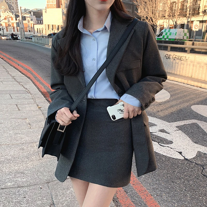 韩国chic春季气质翻领百搭长袖西装外套+高腰显瘦包臀半身裙套装