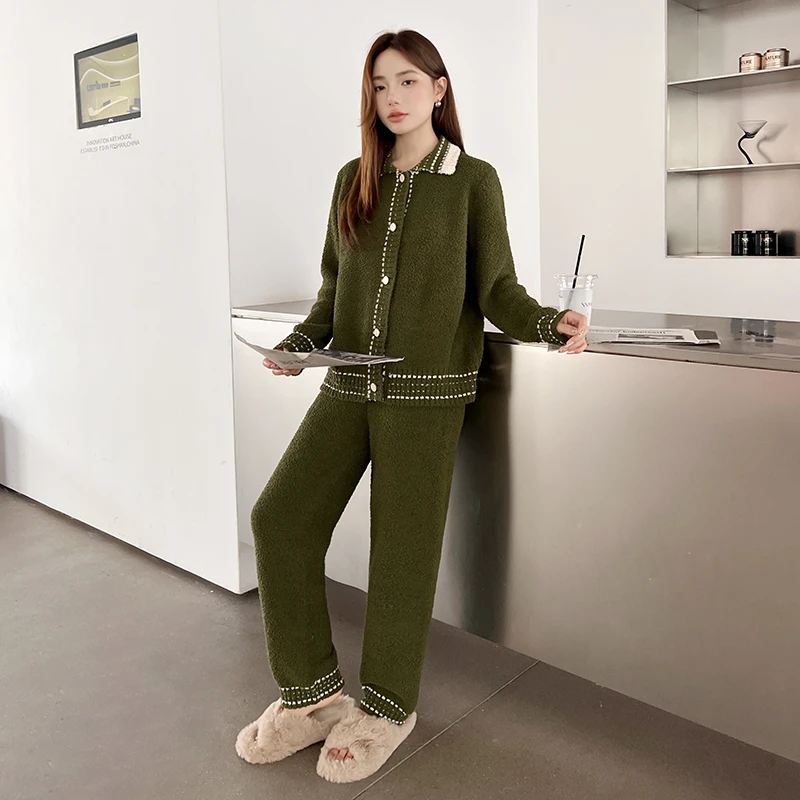 半边绒居家服睡衣套装保暖加绒高档可外穿秋冬家居服