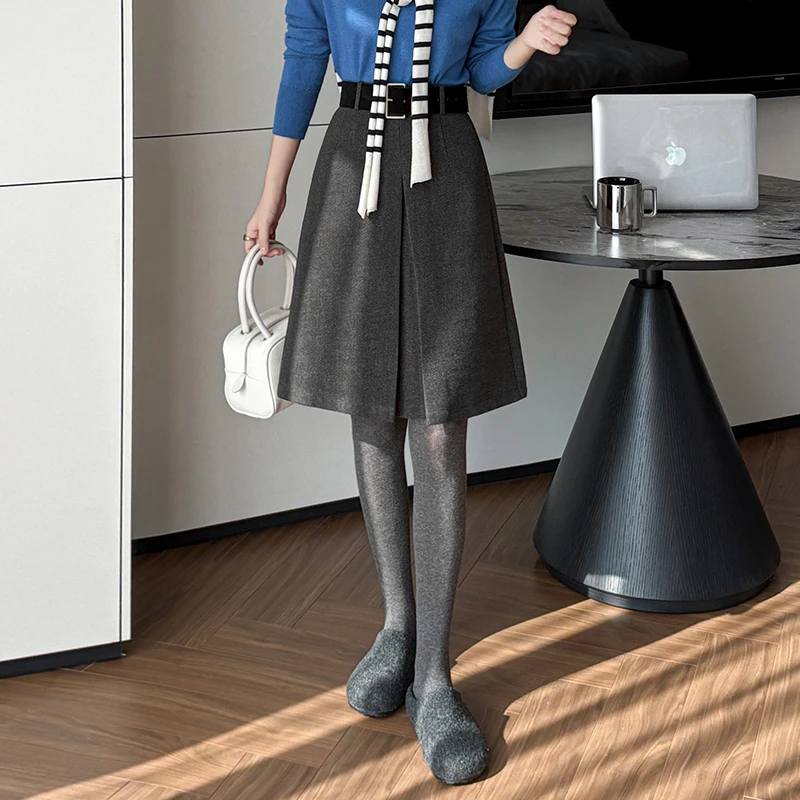 毛呢短裙裤秋冬新款A字拼接侧开叉半身裙气质百搭高腰不规则短裤