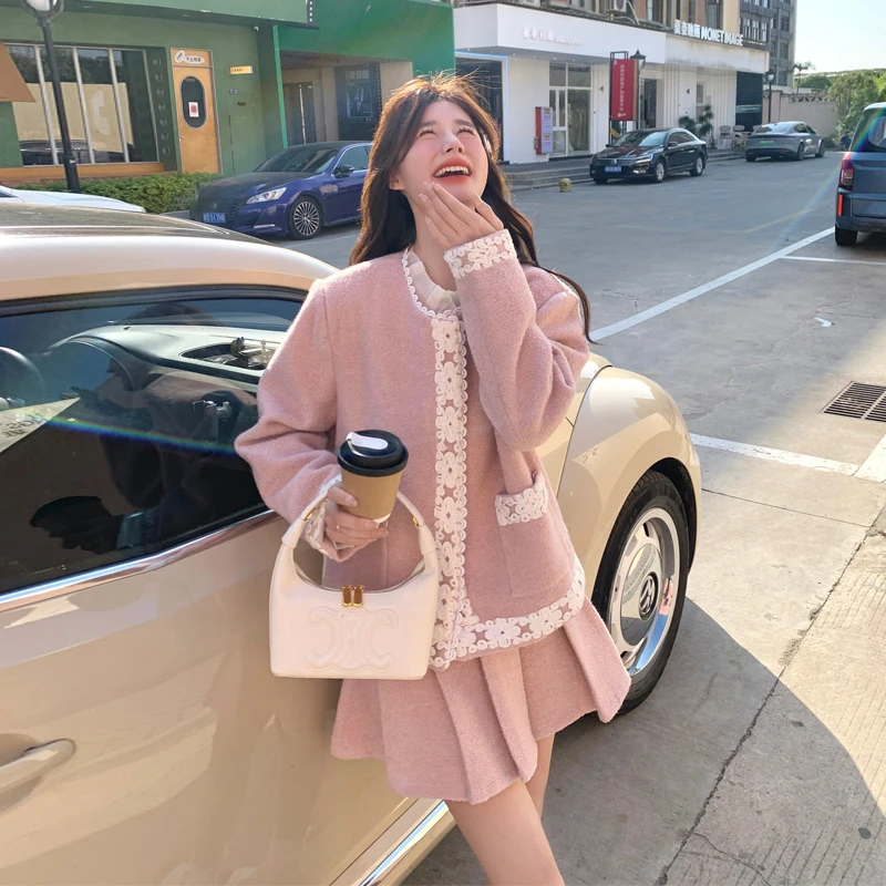 小香风套装裙女2025春秋新款气质名媛慵懒风氛围感蕾丝花边两件套