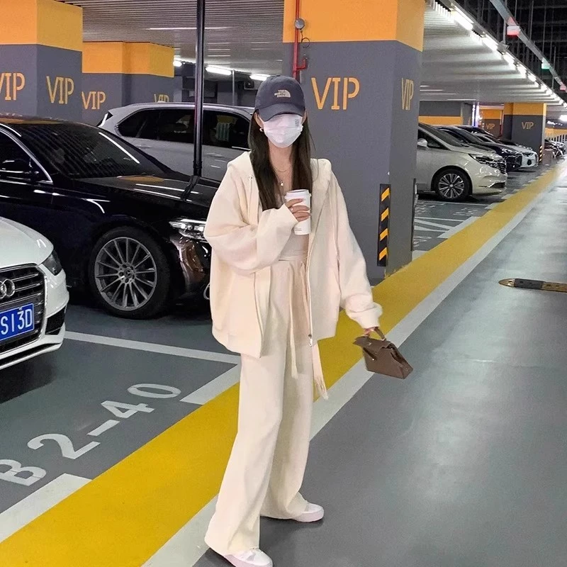白色连帽卫衣女2025秋冬新款外套宽松慵懒风加绒加厚拉链开衫上衣