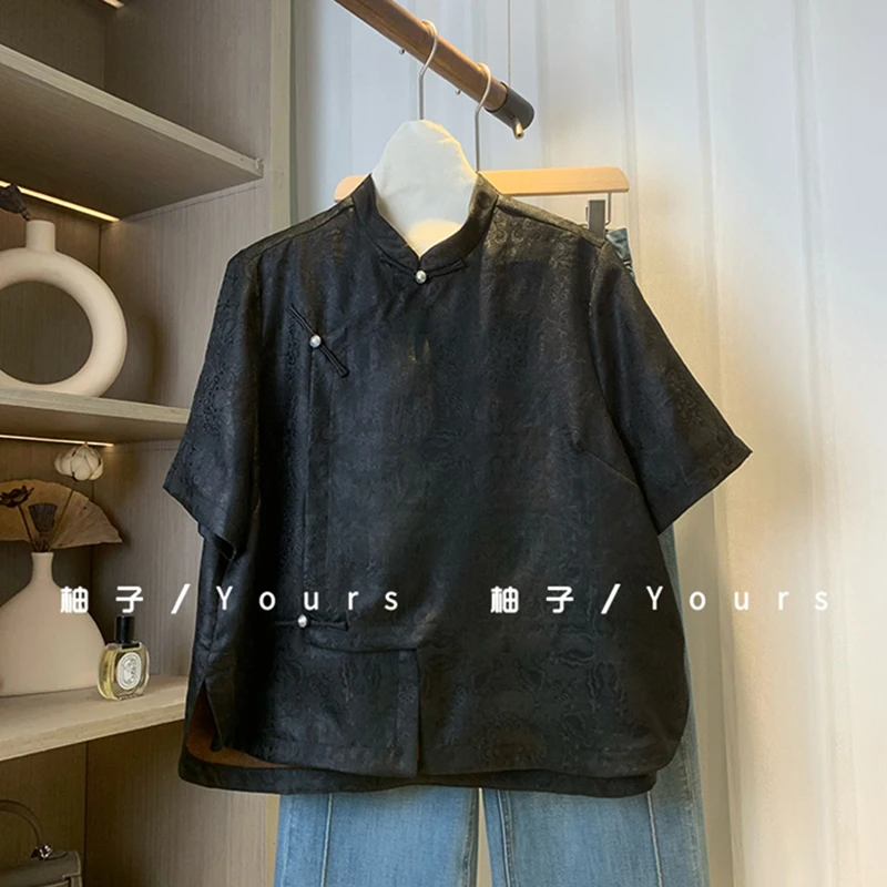 柚子yours【彩鳞宝相】100桑蚕丝泥染香云纱花罗老钱足银扣上衣女