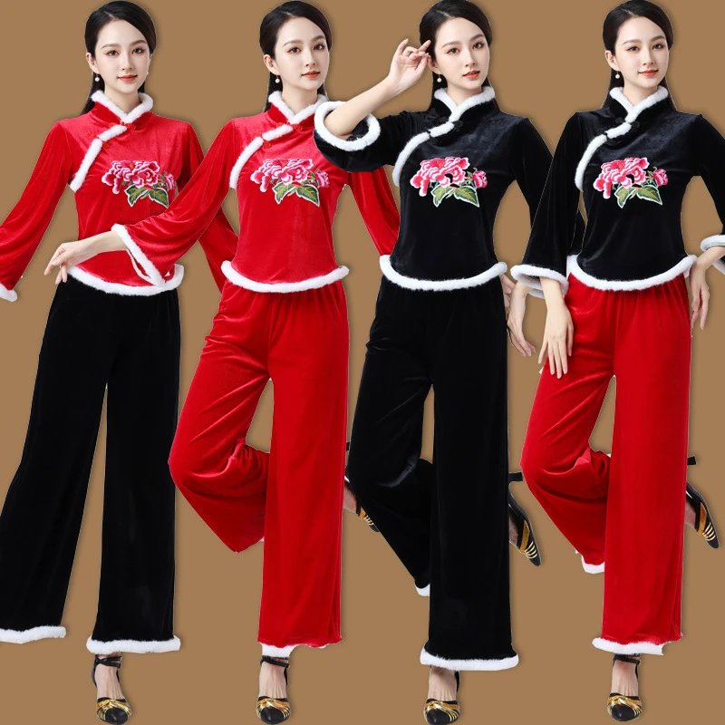 洛神广场舞服装新款套装秋冬加厚刺绣金丝绒舞蹈服民族演出表演服