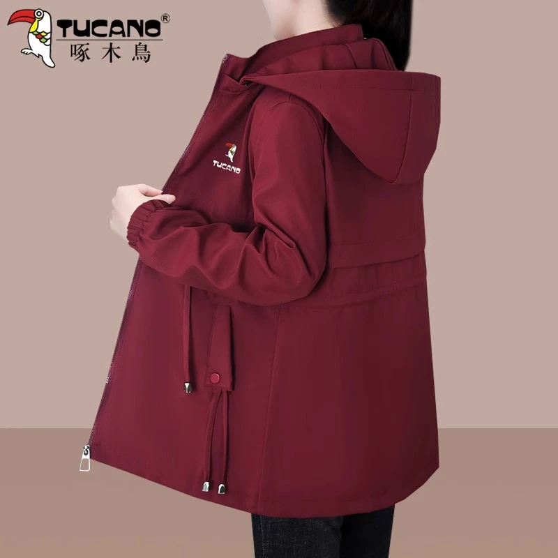 【官方】啄木鸟连帽风衣外套女春秋2025新款中长款收腰显瘦夹克上衣