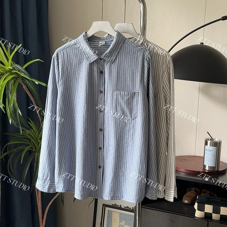 【ZTT】条纹全棉衬衫女长袖百搭休闲显瘦简约纯棉衬衣时尚韩版翻领