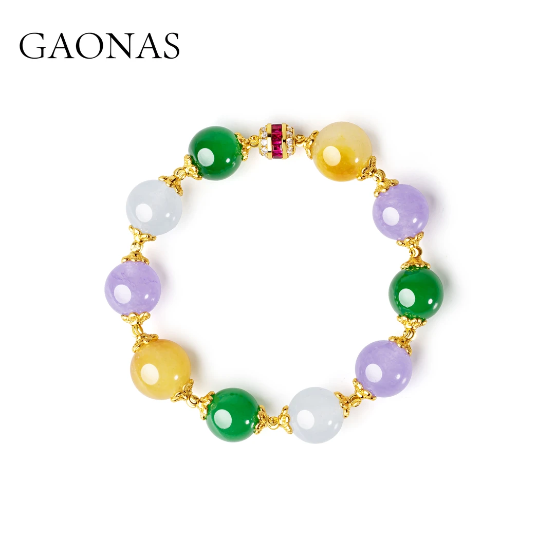 GAONAS 镀K金合成锆石手链 多宝玲珑 中式韵味美紫绿手串11543SG