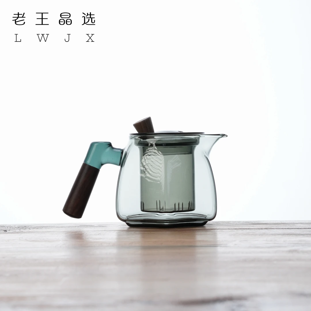 侧把灰色带盖带茶漏木把茶水分离家用办公室花茶茶具