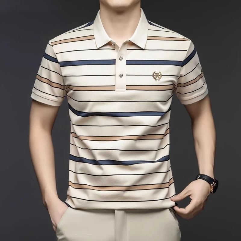 男士条纹拼色短袖POLO衫夏季简约轻奢休闲百搭翻领T恤时尚刺绣潮
