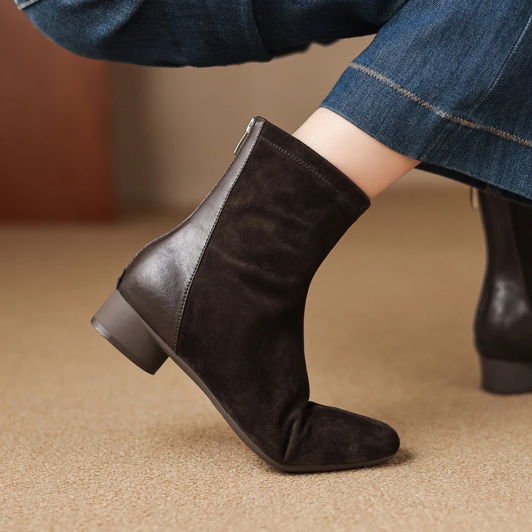2025新款法式复古方头粗跟中跟高筒瘦瘦靴弹力靴短筒靴真皮小短靴