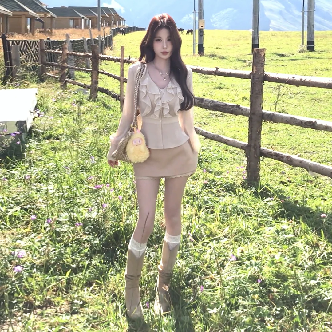 荷叶边长袖衬衫高腰半身短裙两件套女2025新款早初秋穿搭一整套装