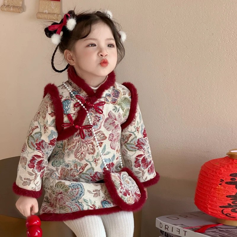 女童旗袍喜庆复古冬装女宝红色冬款小童儿童拜年服公主秋冬洋气