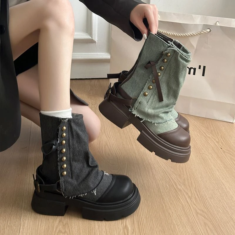 废土风马丁靴厚底增高英伦风2025超火设计感中筒牛仔裤管靴小个子