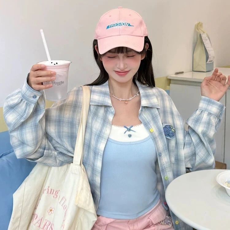 【森系蓝莓三件套】夏日多巴胺女衬衫+吊带+发夹时尚休闲三件套