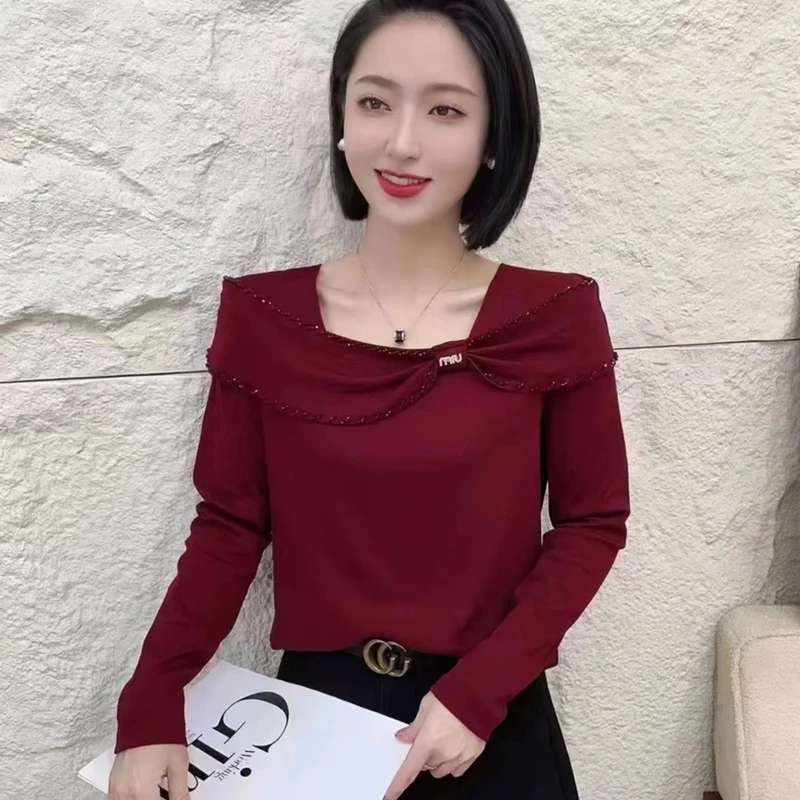 2025春款法式蝴蝶结领洋气时尚长袖修身显瘦韩版上衣611