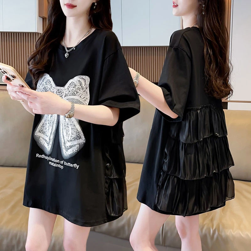 设计感小众蝴蝶结短袖t恤女夏季2025新款大码宽松韩版纯棉上衣服