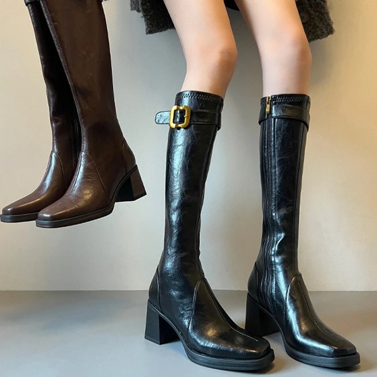 【专柜】爆款羊皮版金属扣厚底不过膝长靴粗跟长筒靴瘦瘦靴骑士靴女