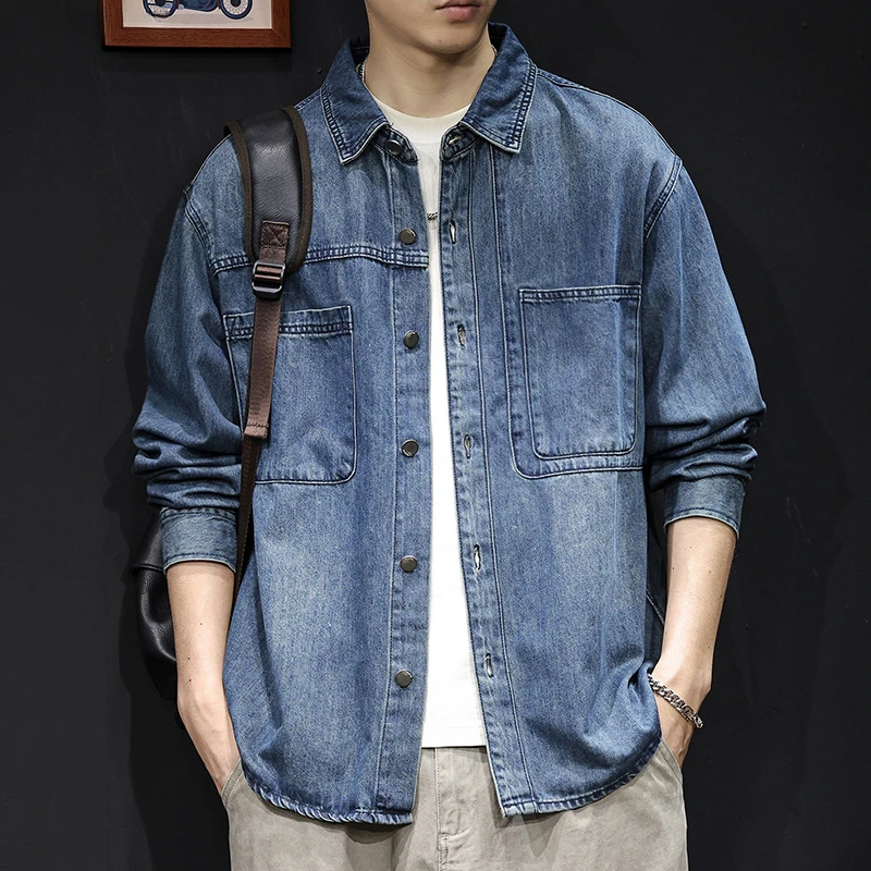 2025新款美式复古牛仔衬衫男宽松大码休闲外套男装春秋款工装衬衣