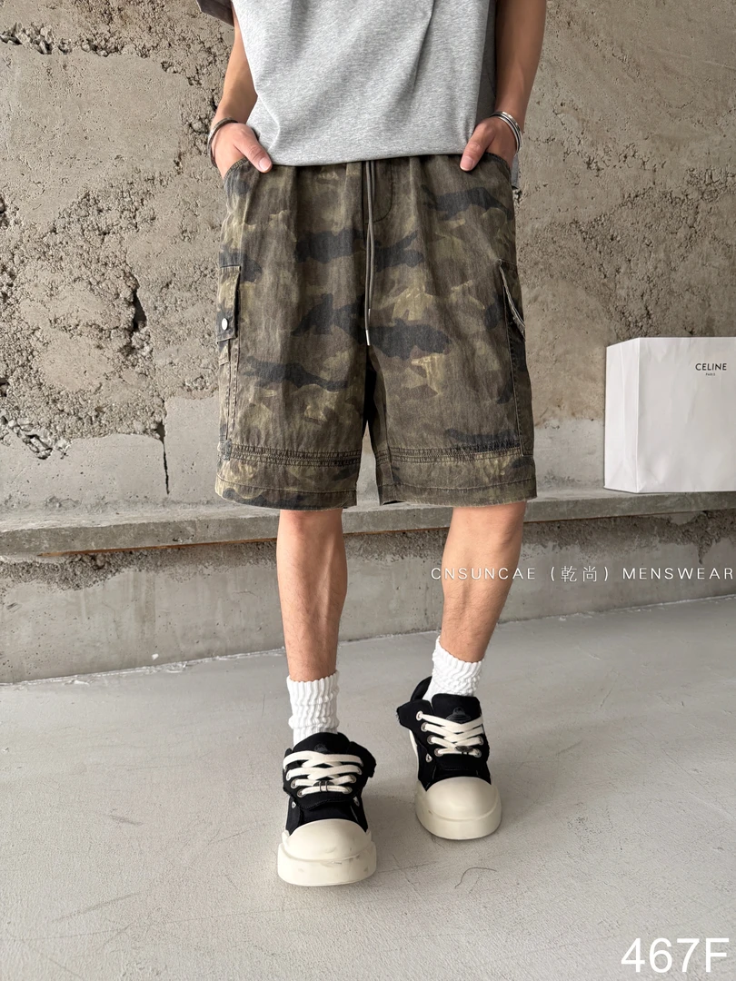 复古短裤夏季潮流无弹水洗高街百搭裤子迷彩做旧免烫时尚潮流467