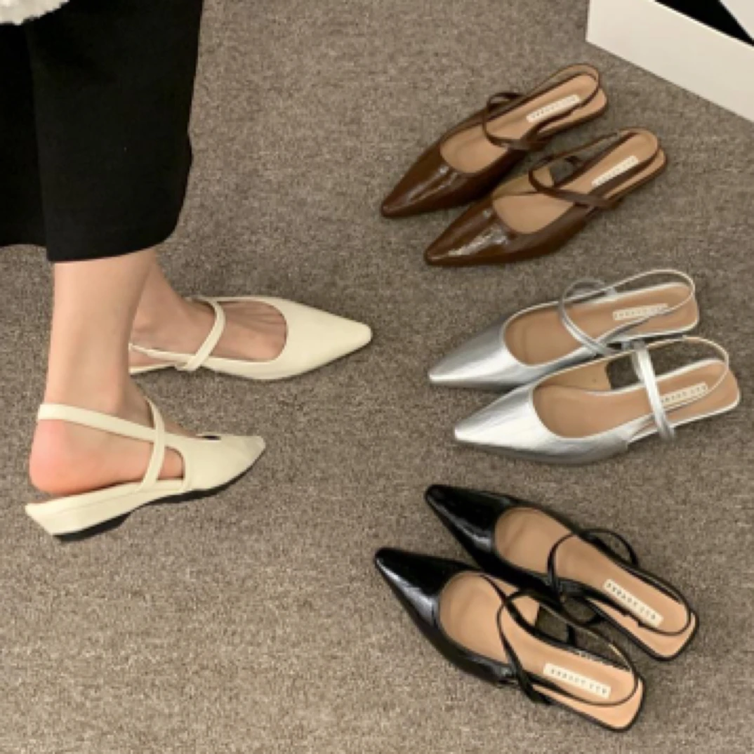 法式低跟银色包头凉鞋仙女鞋子2025新款春夏季配裙子尖头后空单鞋