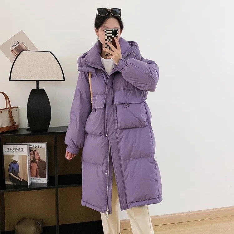 2025新款连帽羽绒服女中长款加厚收腰半粒扣冬季外套
