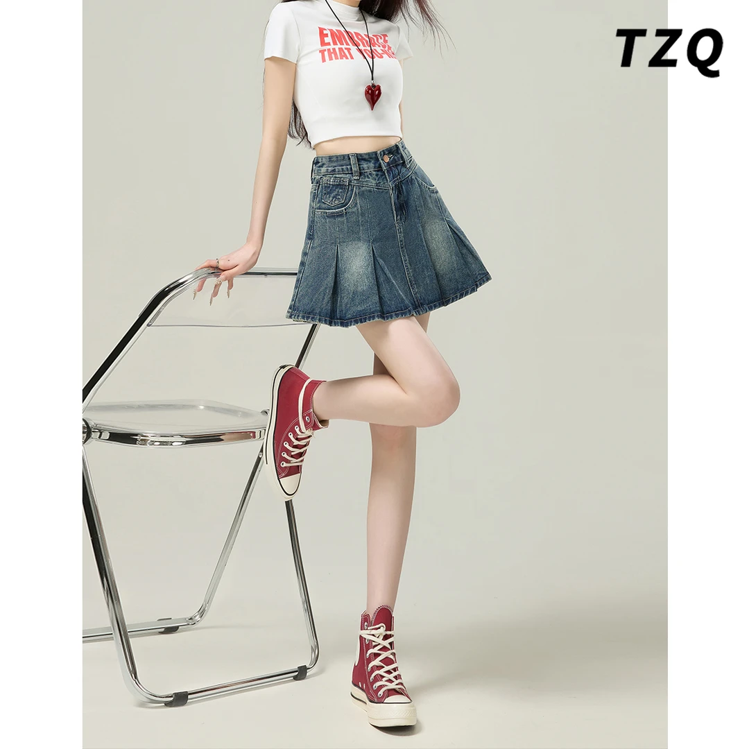 复古蓝2025夏季牛仔短裙女高腰设计感爆款A字百褶裙子TZQ2532814