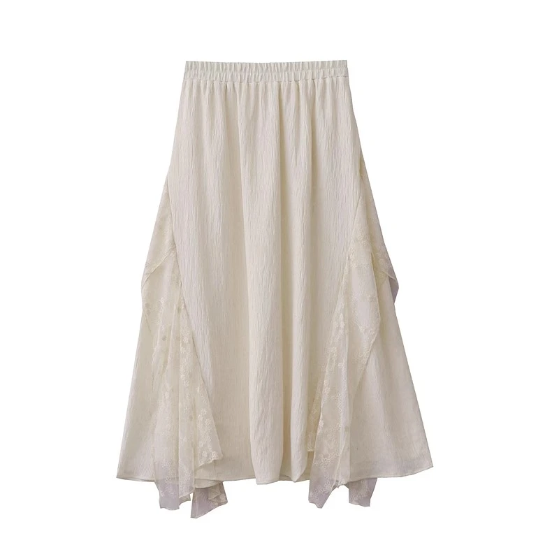 自制春季新款小众设计感不规则刺绣蕾丝拼接A字半身裙肌理纹长裙