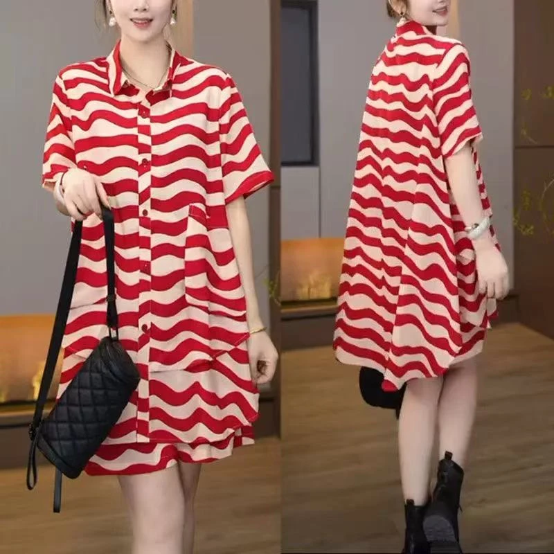 2025夏新款时尚大码宽松显瘦套装女中长款短袖上衣短裤印花两件套