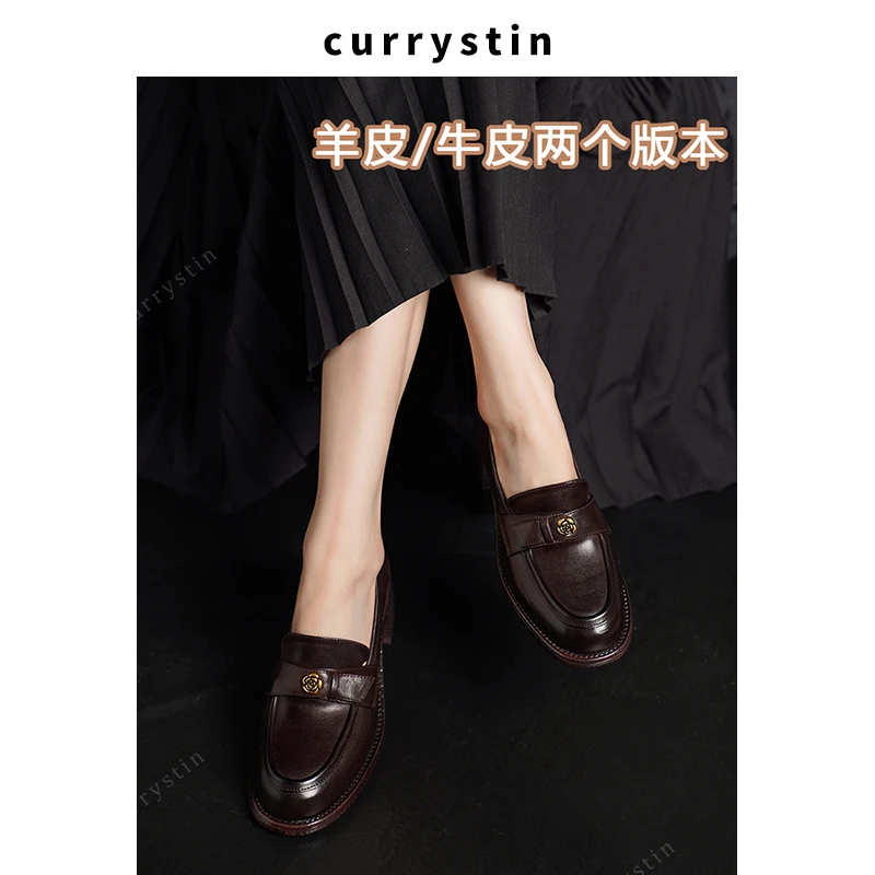 6.5cm薄款复古时尚圆头乐福鞋厚底粗跟休闲吸汗春季单鞋花朵皮鞋