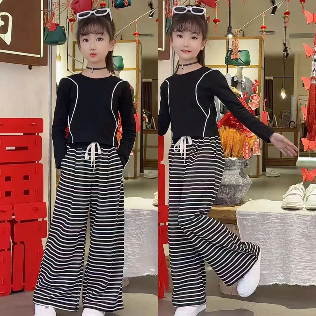 2025新款春秋女童时尚棒球服黑色上衣条纹直筒裤套装中大女孩潮款
