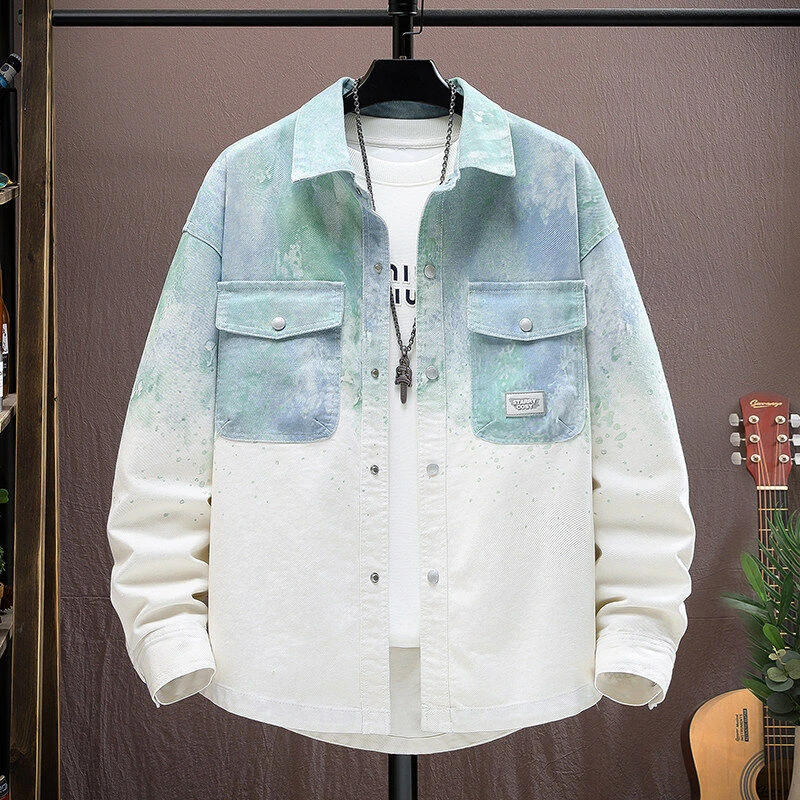 2025春季潮牌水洗扎染渐变牛仔衬衫夹克刺绣宽松情侣外套棉R8551