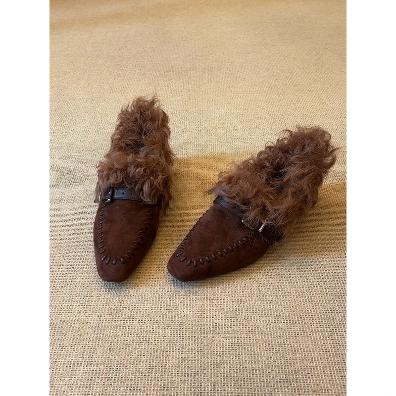 nnmiss/4.5cm复古磨砂皮毛毛乐福鞋一脚蹬设计感皮带扣小单鞋