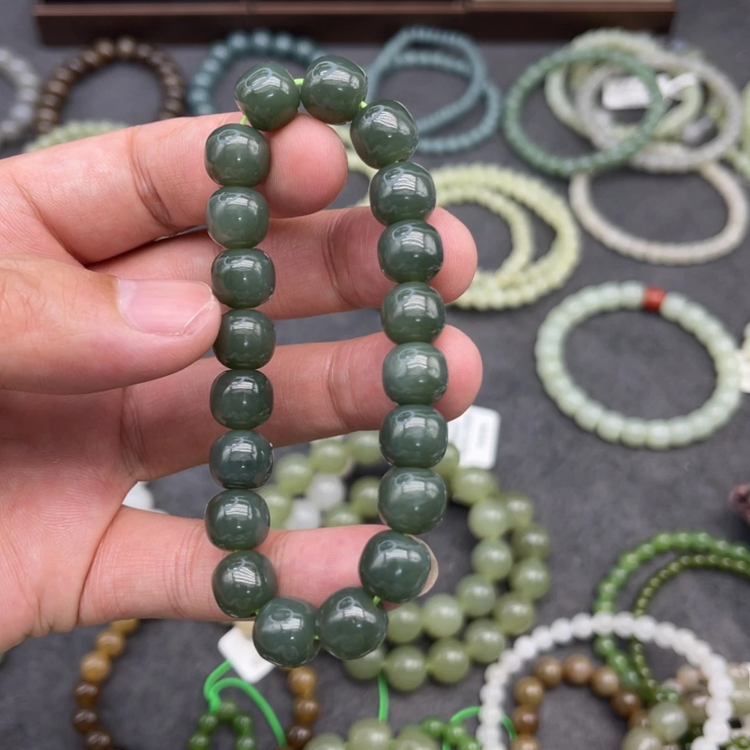 和田玉未镶嵌手串卡9.5深且末蓝老型珠