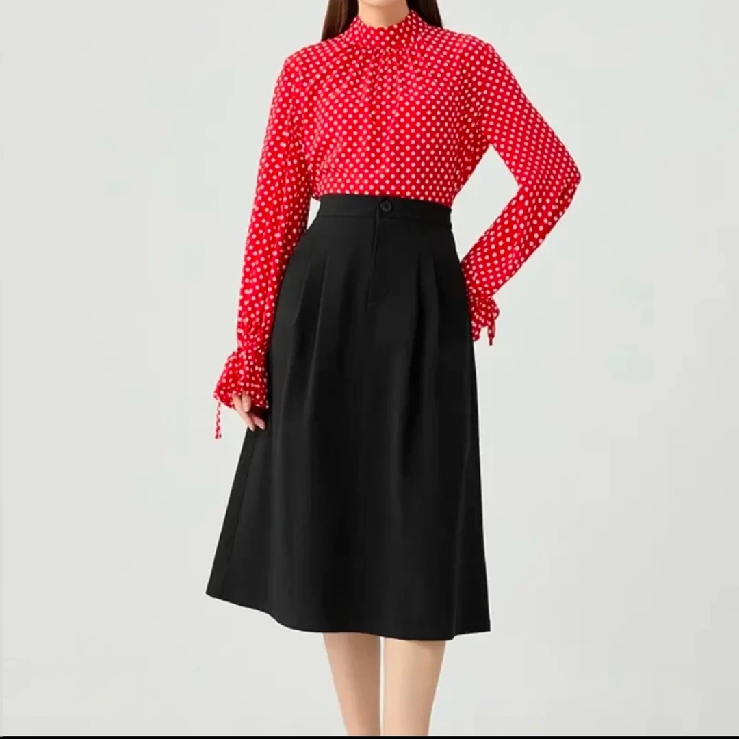 GIRDEAR/哥弟新款简约高腰优雅招牌四面弹中长款半身裙伞裙120005