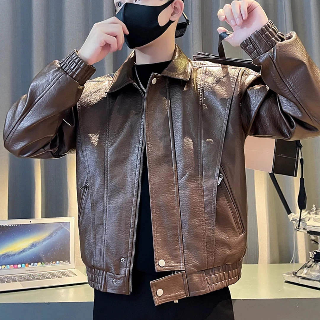 美式复古棕色皮衣外套男士春秋冬季新款高级感痞帅短款机车服夹克