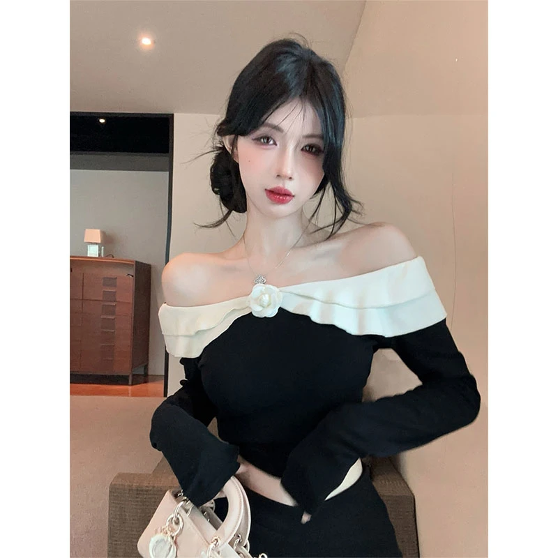 2025新品温柔山茶花一字肩荷叶边撞色显瘦长袖上衣配百搭裙裤套装