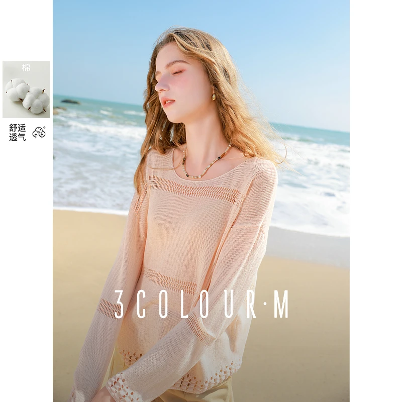 三彩2025春季新款慵懒风镂空针织衫宽松套头罩衫圆领长袖M